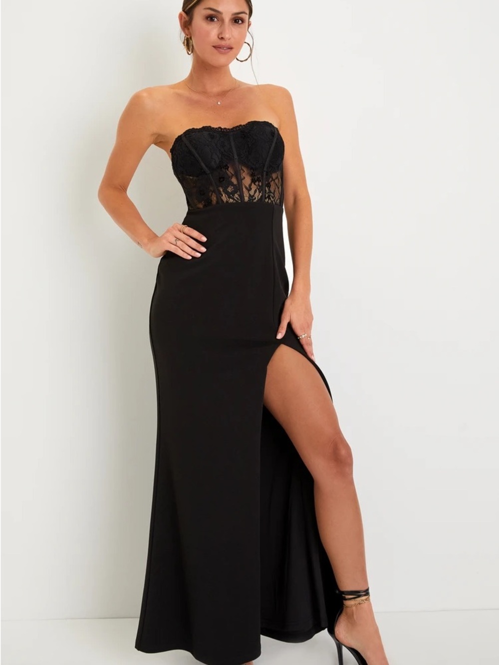 NWT Lulus Sultry Persona Black Lace Strapless Bustier Mermaid Maxi Dress Formal
